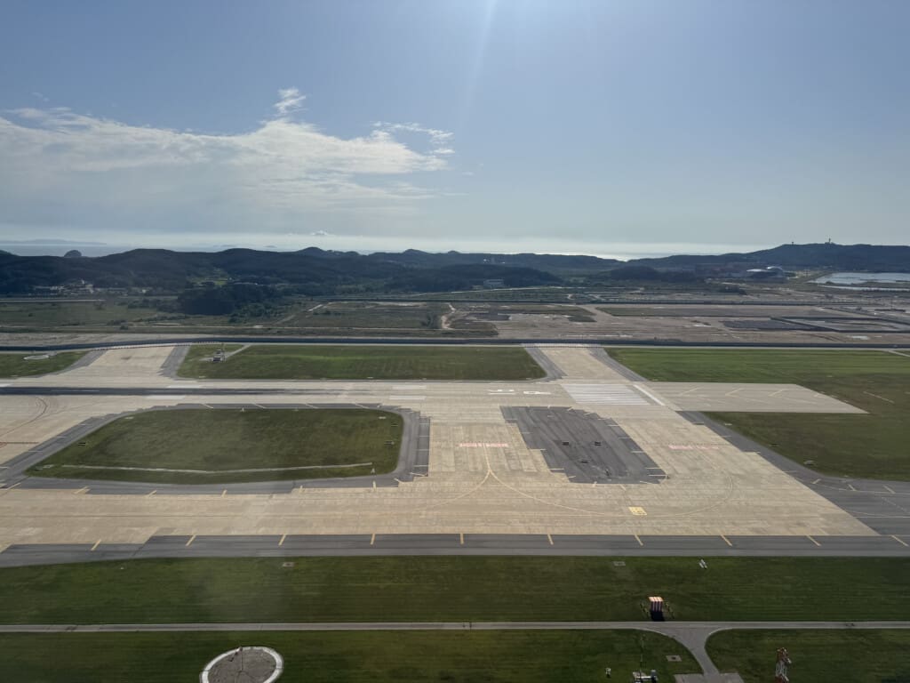 an aerial view of a runway