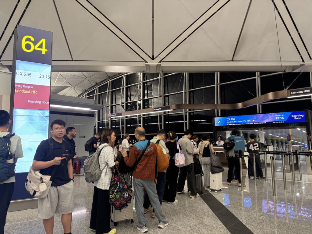 a group of people standing in a line