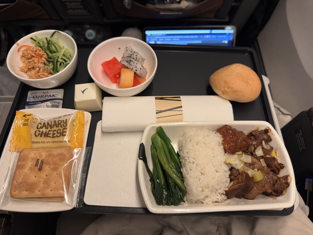 a tray of food on a plane