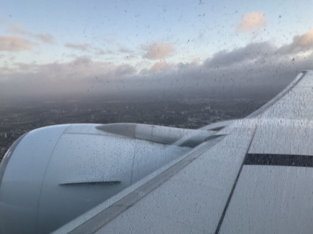 a view of a city from an airplane window