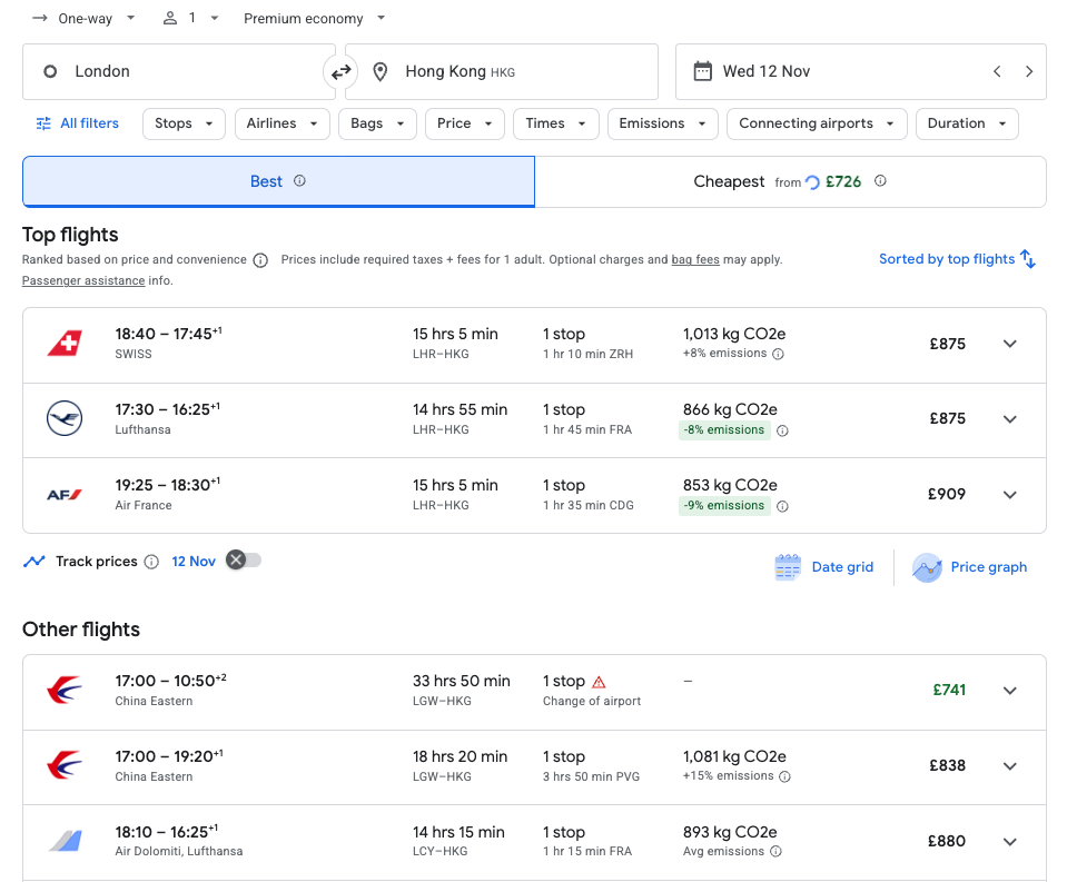 a screenshot of a flight schedule