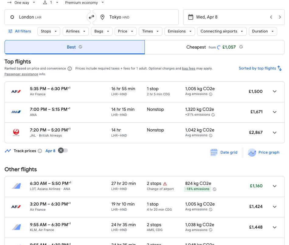 a screenshot of a flight schedule