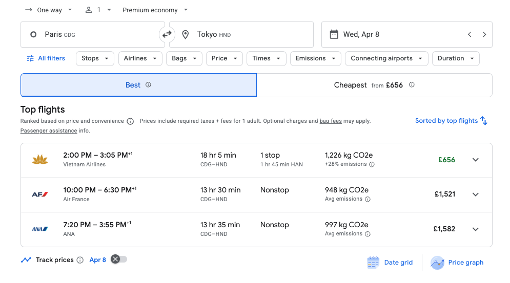 a screenshot of a flight schedule
