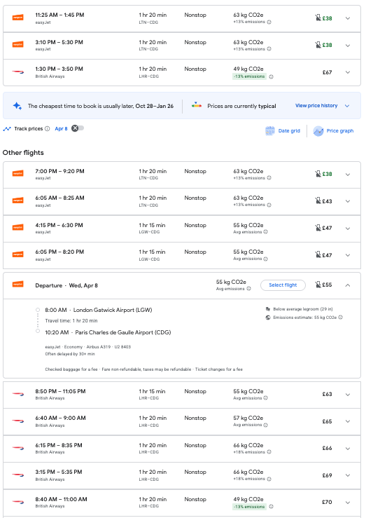 a screenshot of a flight schedule