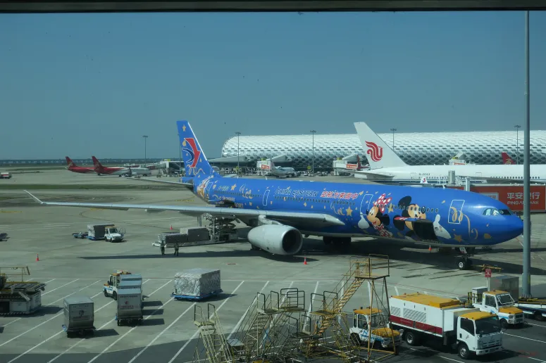 a blue airplane with cartoon characters on it