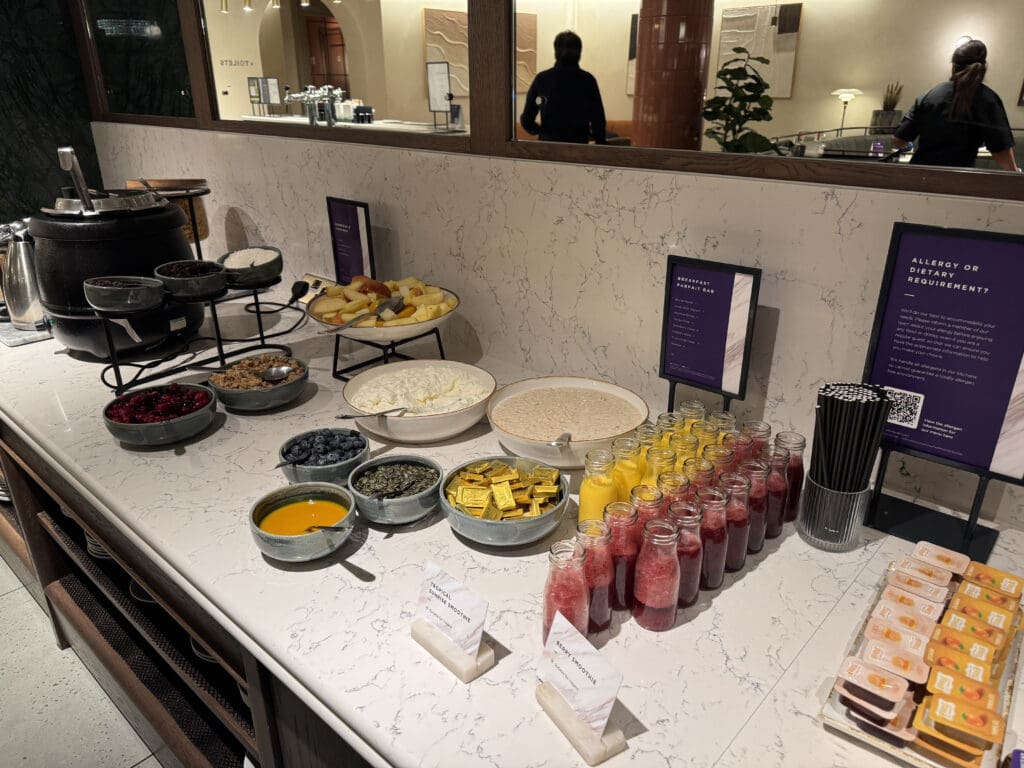 a buffet table with different foods