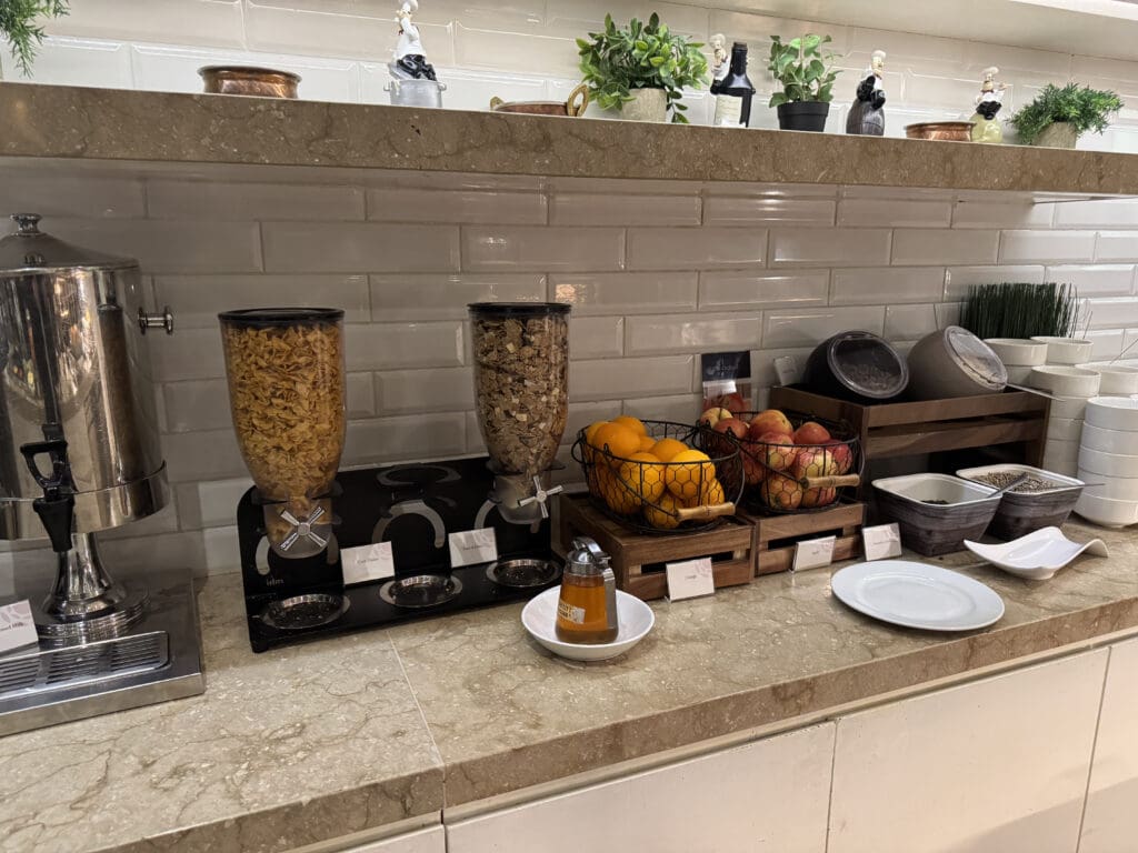 a counter with food and drinks on it