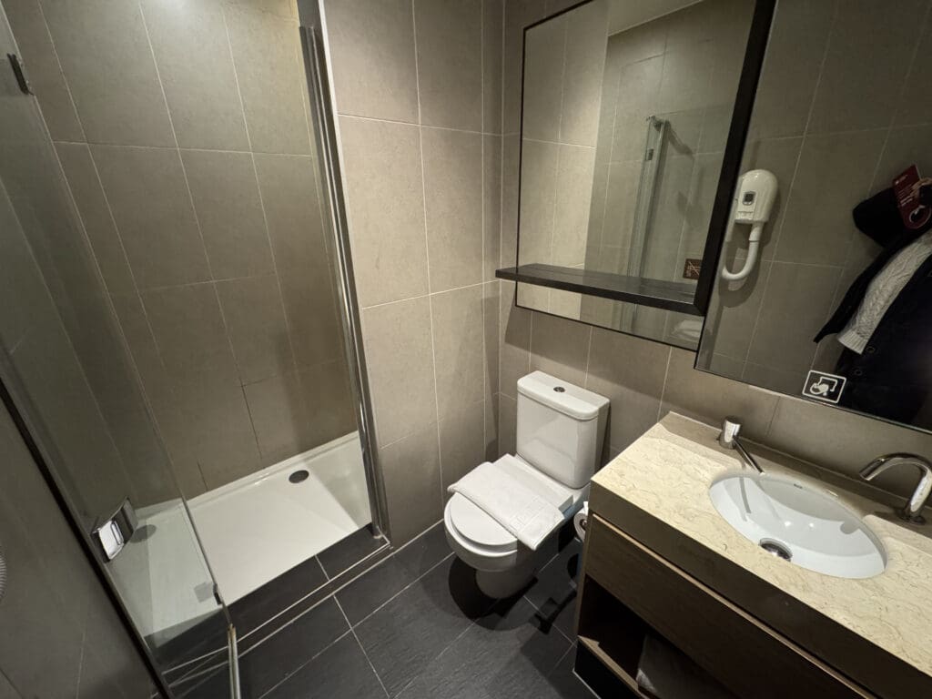 a bathroom with a shower and toilet