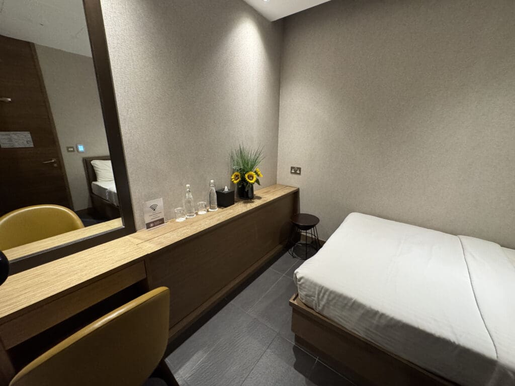 a room with a mirror and a bed