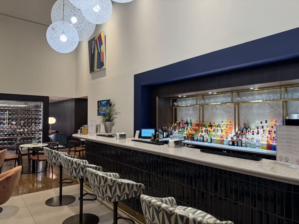 a bar with a counter and chairs