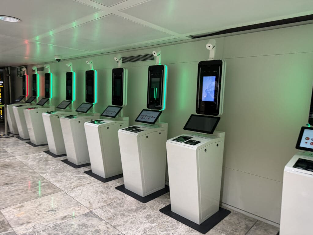 a row of white rectangular electronic devices