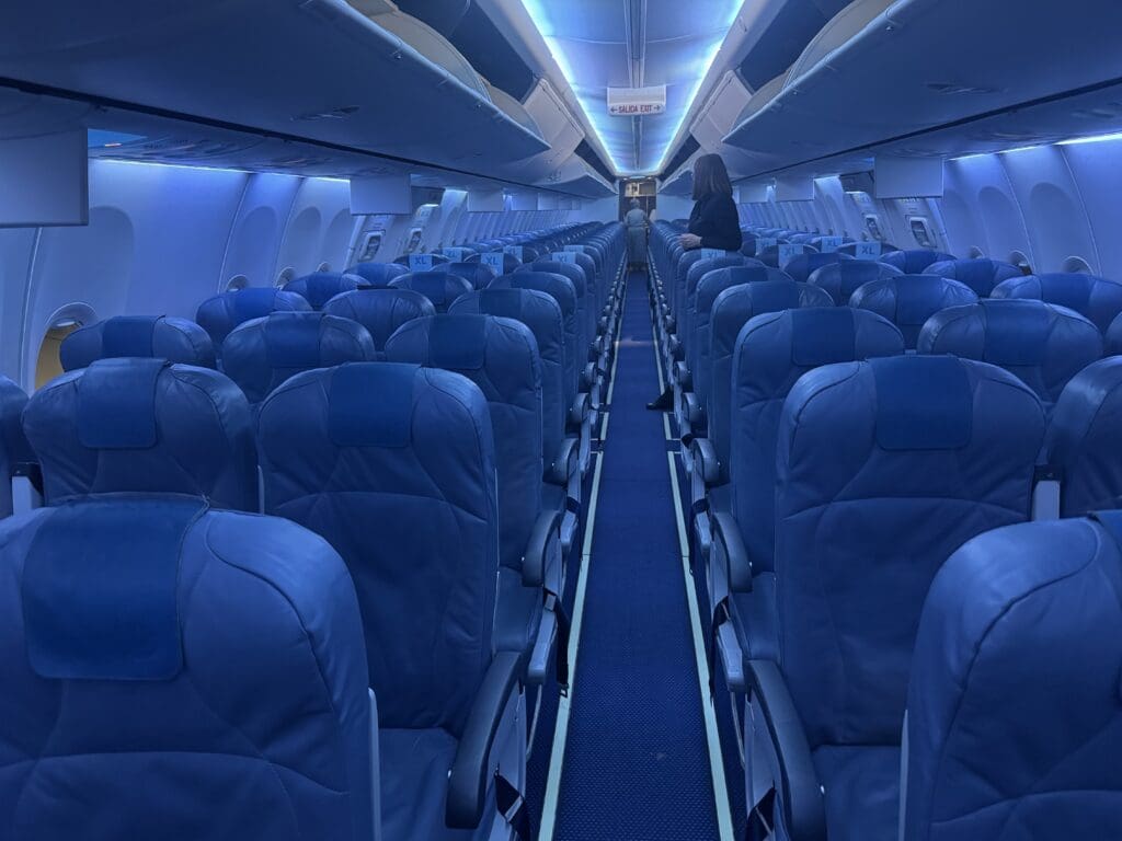 an airplane with blue seats