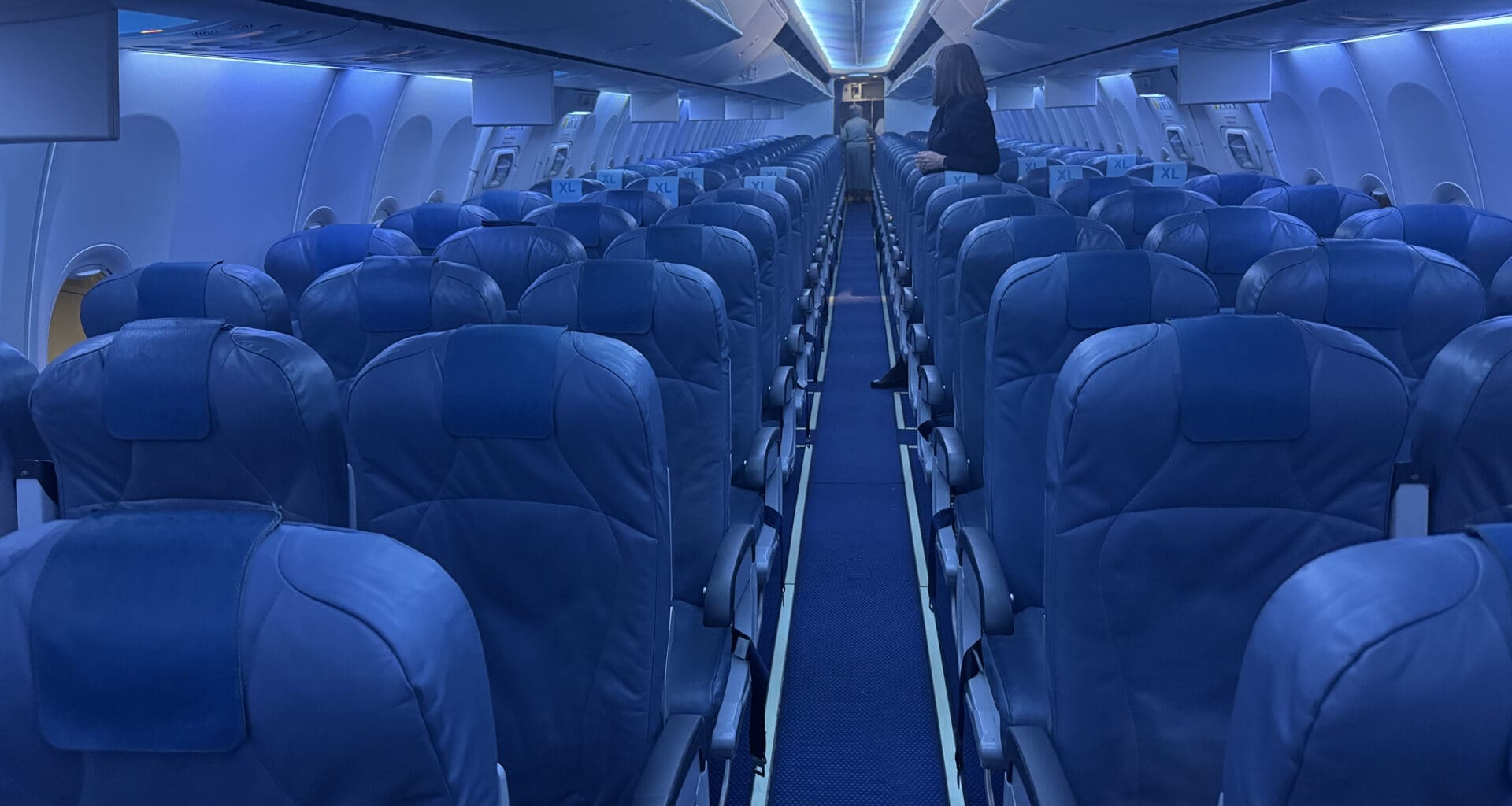 an airplane with blue seats