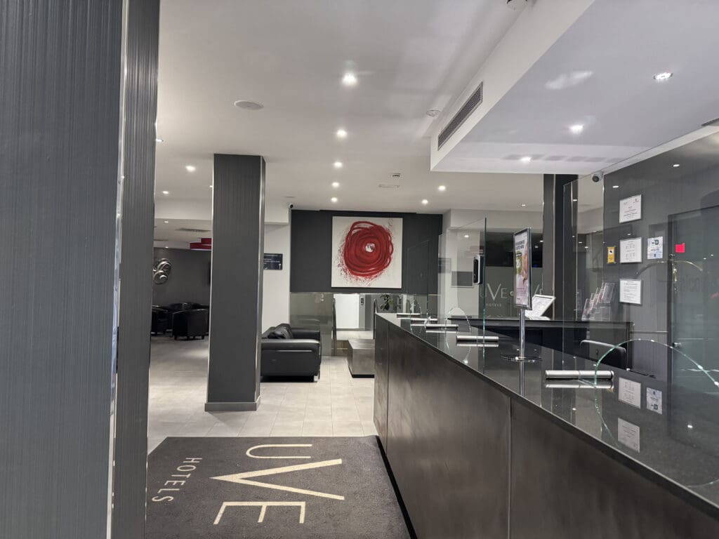 a reception desk in a hotel