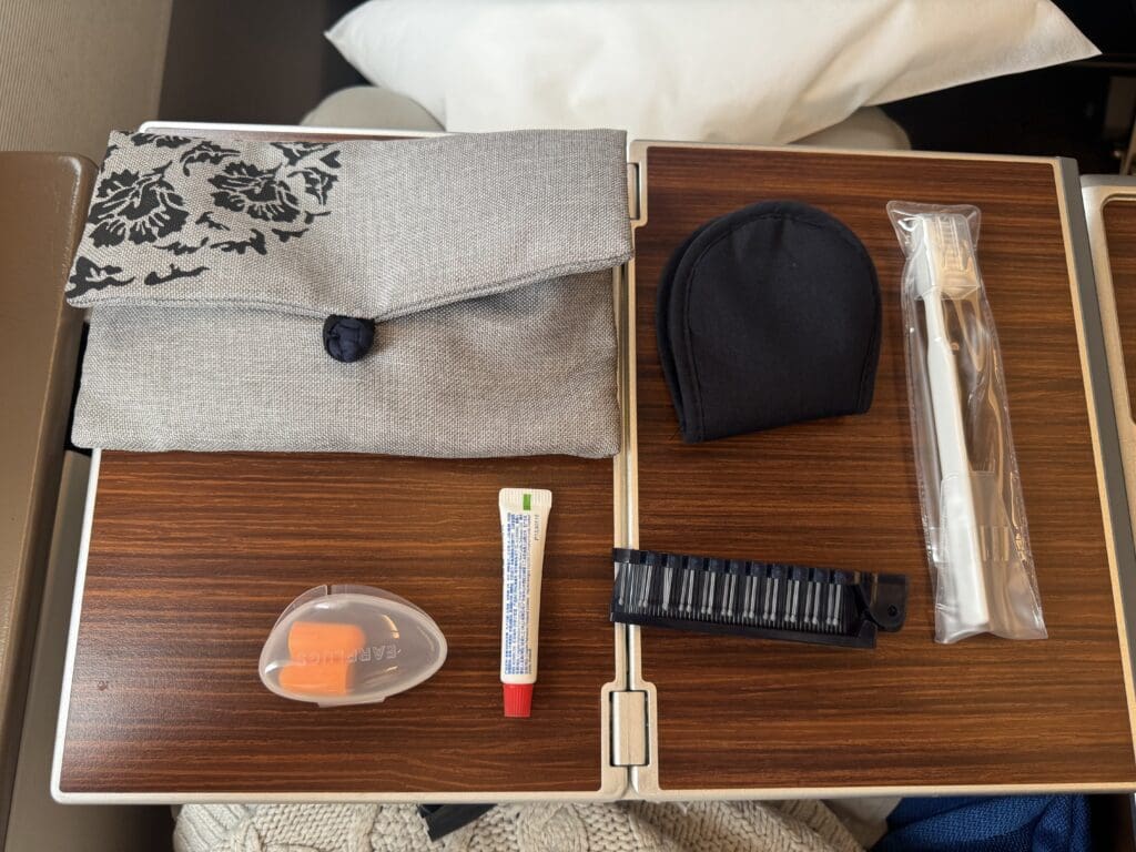 a table with a small bag and items on it