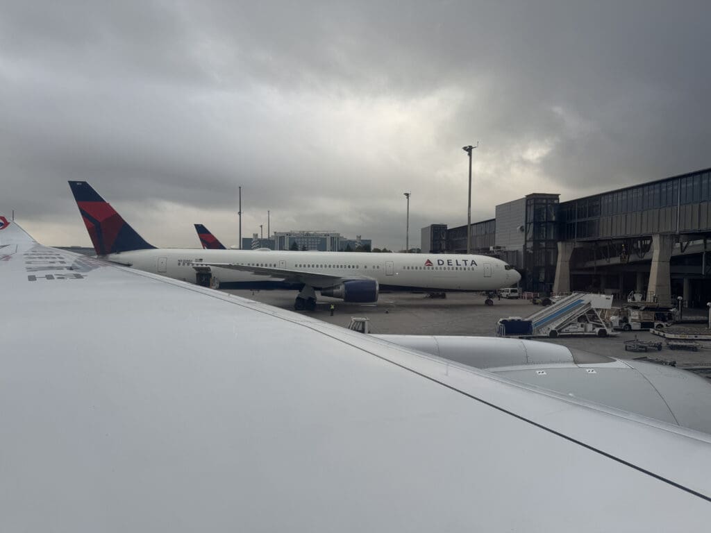 a plane parked in a terminal