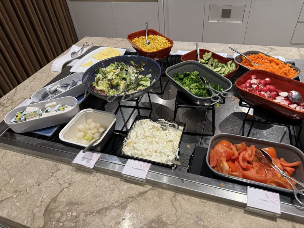 a buffet table with different food items
