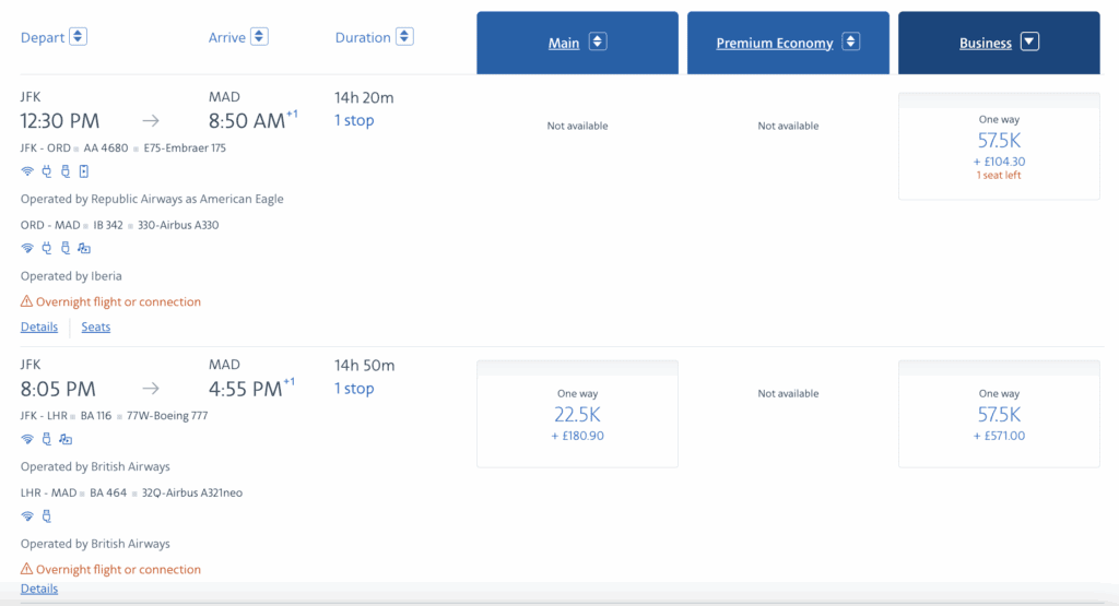 a screenshot of a flight schedule