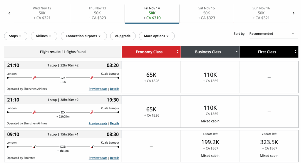 a screenshot of a flight schedule
