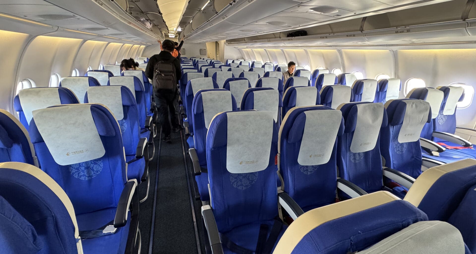 a plane with blue seats