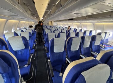 a plane with blue seats