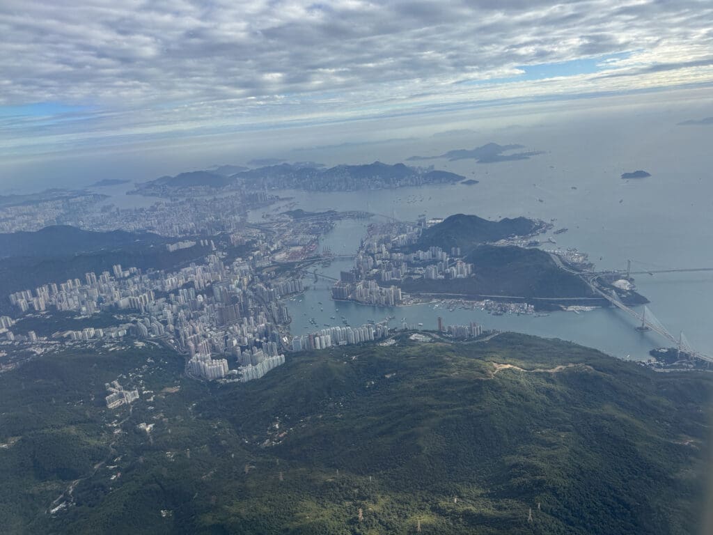 aerial view of a city and water