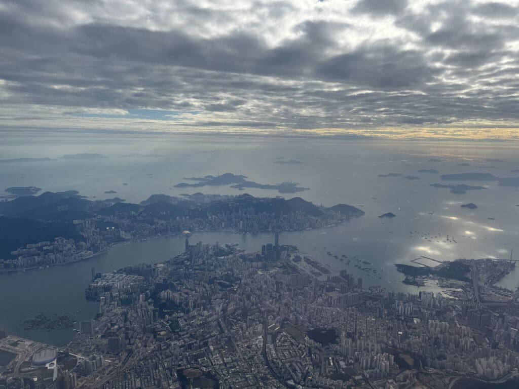 aerial view of a city and water