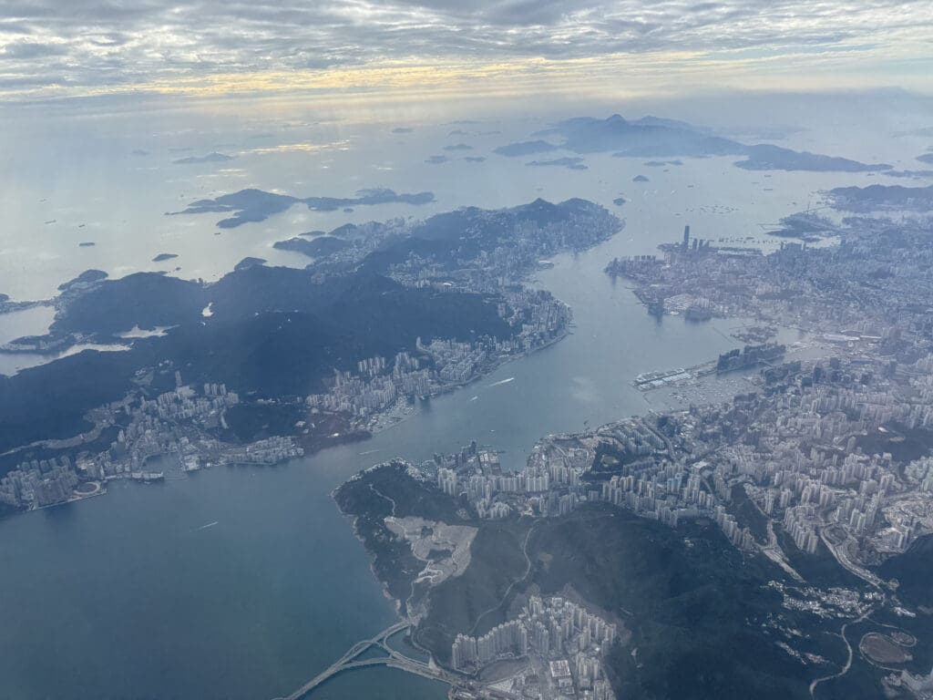 aerial view of a city and water