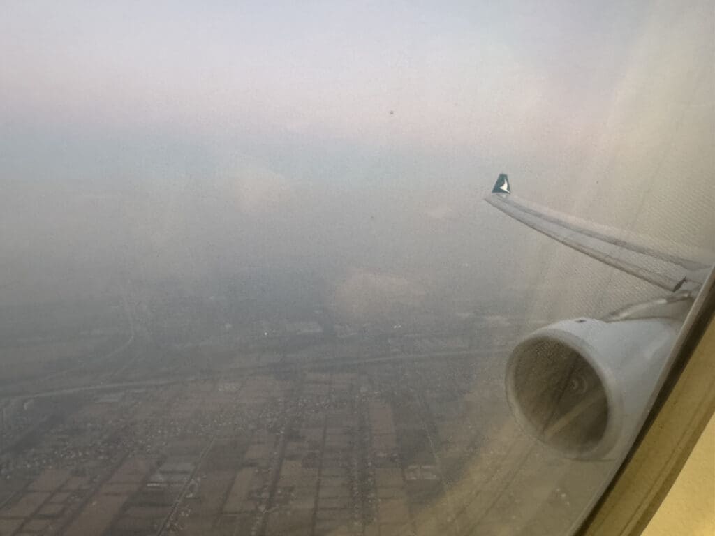 an airplane wing and a window