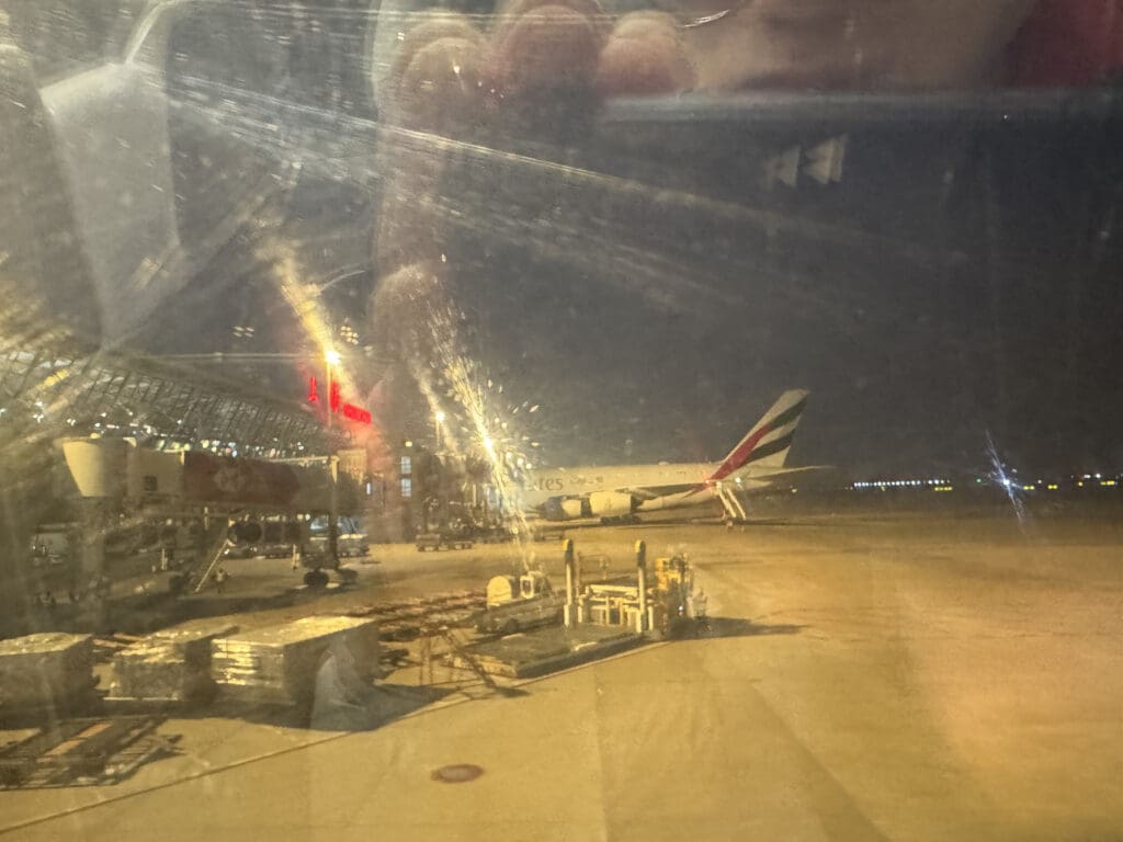 a plane in an airport at night