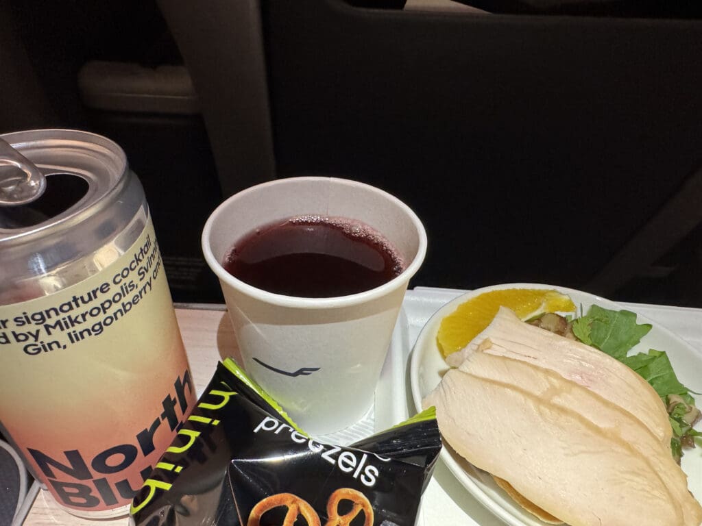 a tray of food and drink