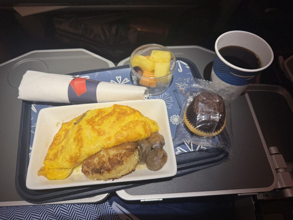 food on a tray with a cup of coffee and a muffin