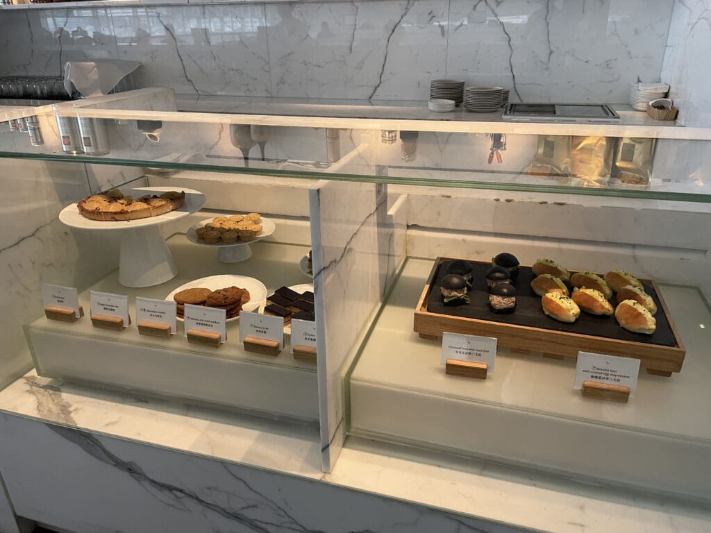 a display case with food on it