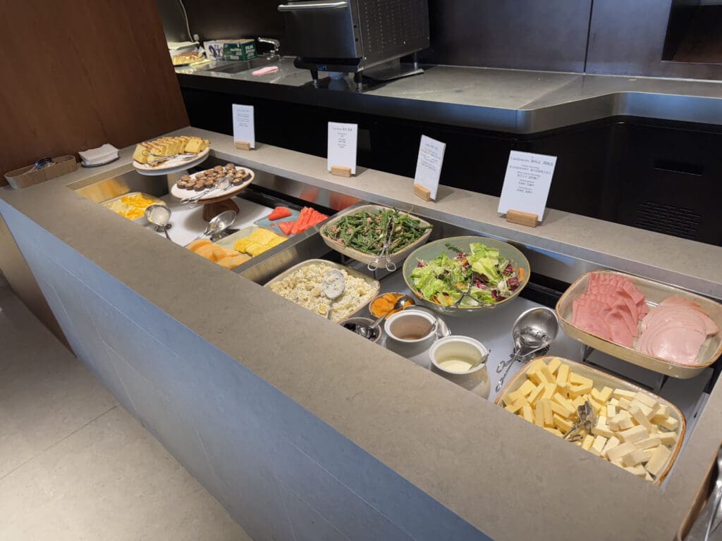 a buffet line of food