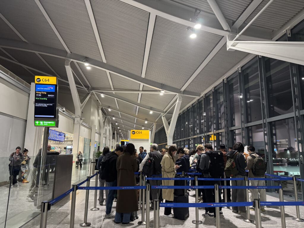 a group of people standing in a line