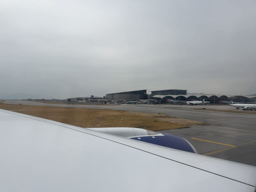 an airplane wing on a runway