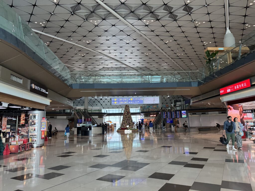 a large building with a christmas tree in it