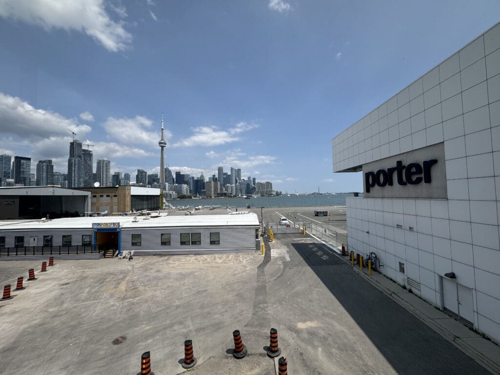 a building with a city in the background