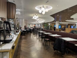 a restaurant with tables and chairs