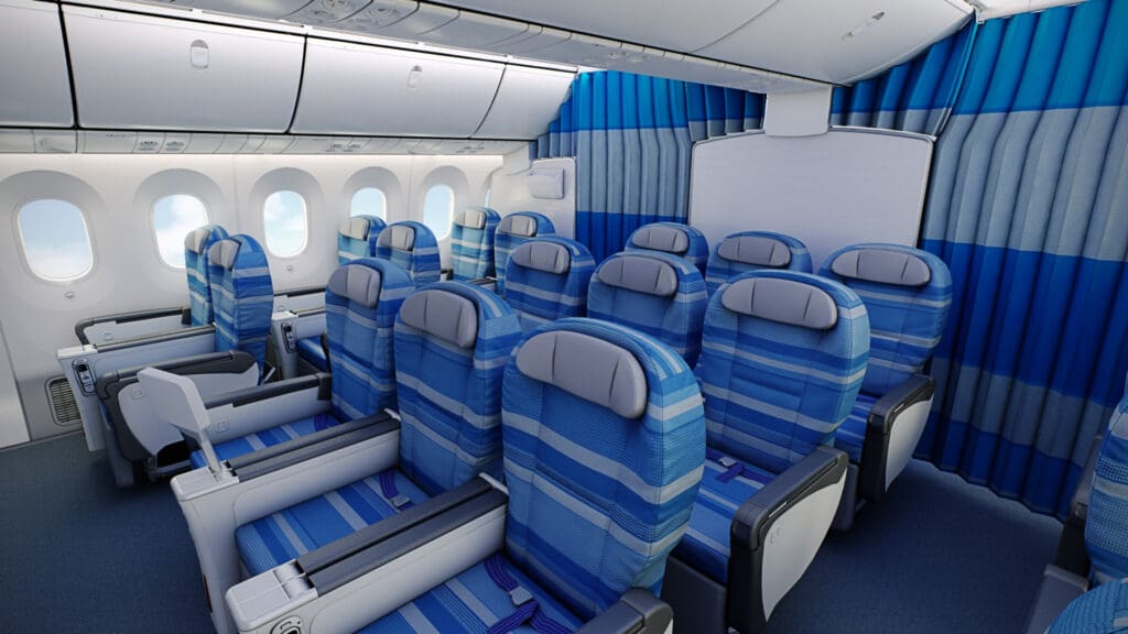 a plane with blue and white seats
