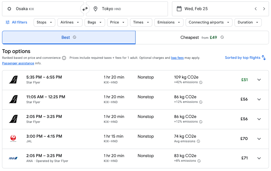 a screenshot of a flight schedule