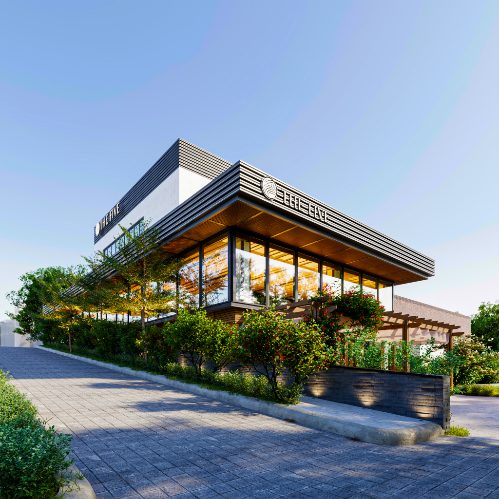 a building with a brick walkway and trees