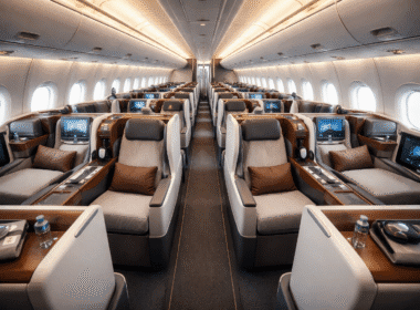 the inside of an airplane with many seats