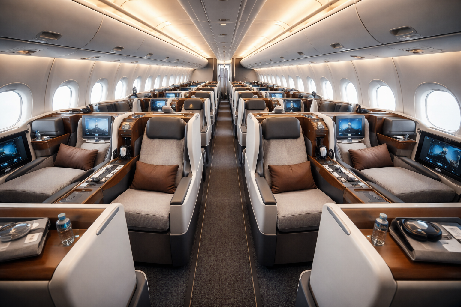 the inside of an airplane with many seats