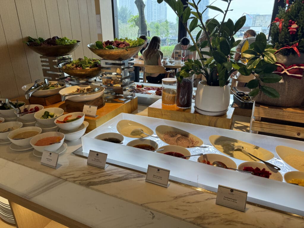 a buffet table with food on it