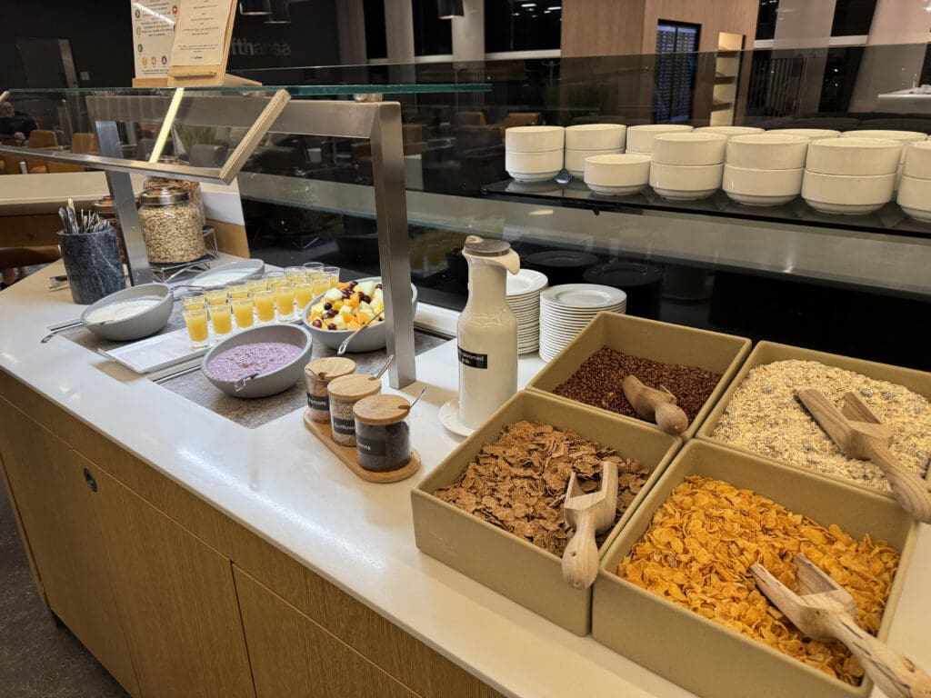 a buffet with cereals and drinks