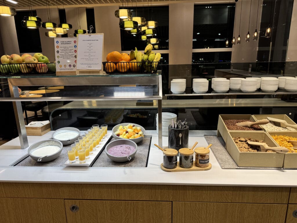 a buffet with food on it