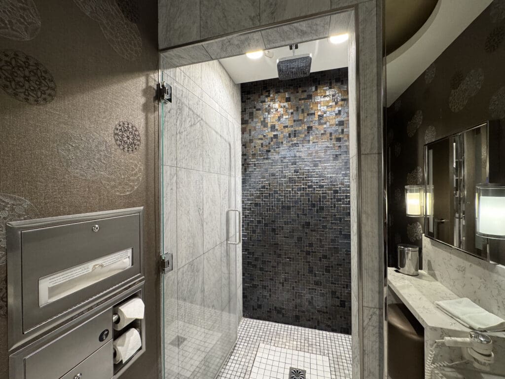 a bathroom with a glass shower