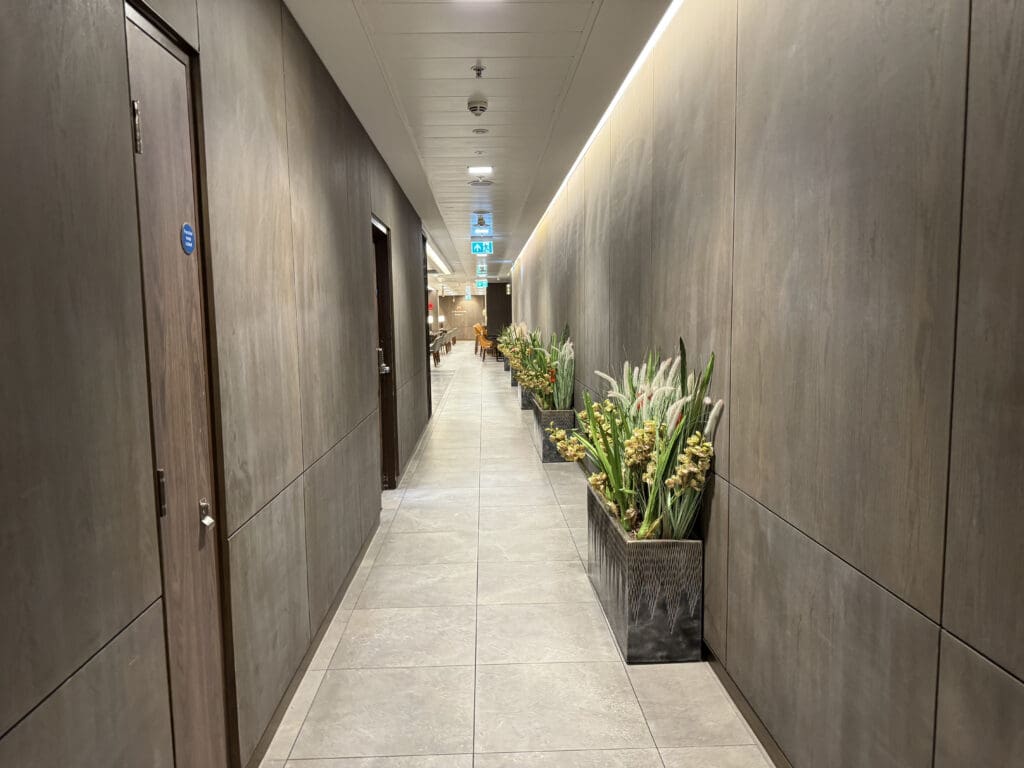 a long hallway with plants in pots