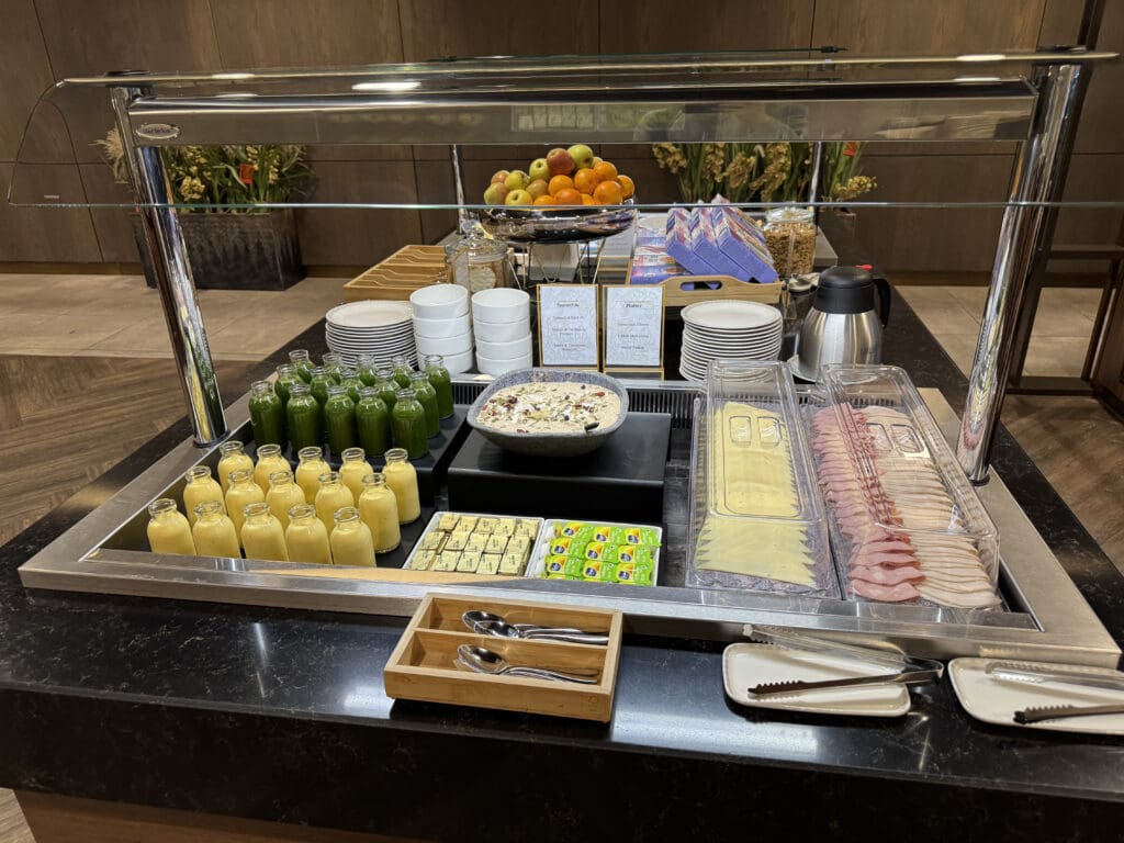 a buffet table with food on it